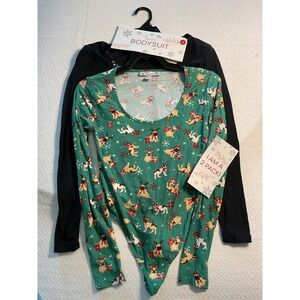 Planet Gold‎ 2-Pack Bodysuit Women's Size S Black & Christmas Dog Print